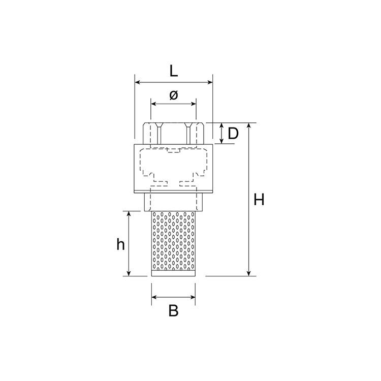 Valvola di ritegno con filtro inox incorporato - disegno tecnico