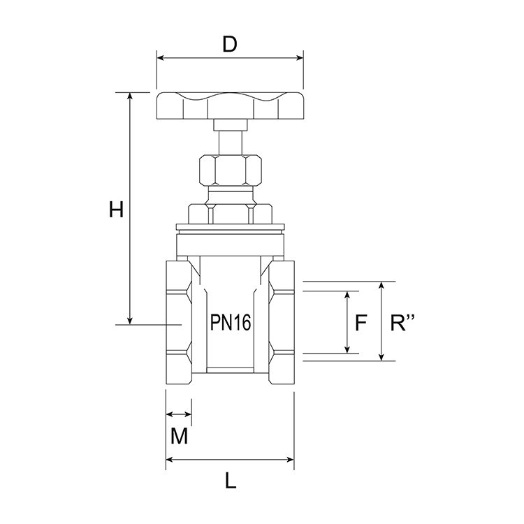 Brass gate valve PN16 - technical drawing