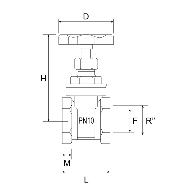 Brass gate valve PN10 - technical drawing