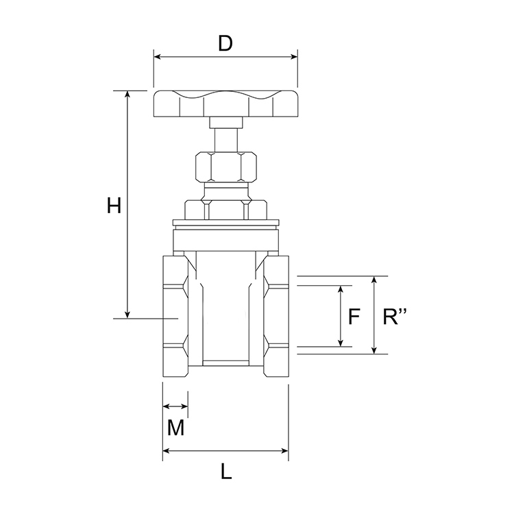 Brass gate valve PN20 - technical drawing