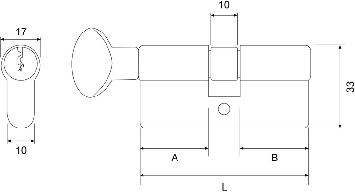 Security brass cylinder with knob - technical drawing